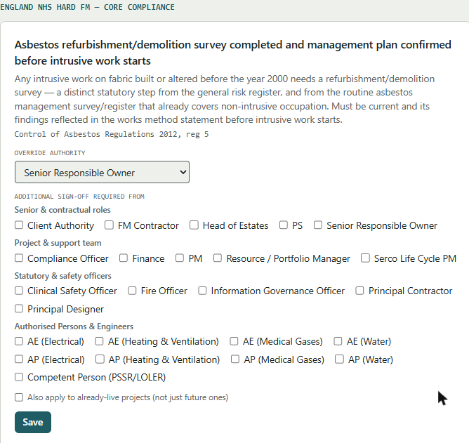 Compliance rule configuration showing override authority and required co-sign-off roles